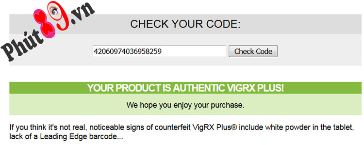 check vigrx plus chính hãng bằng mã bảo vệ 17 chữ số